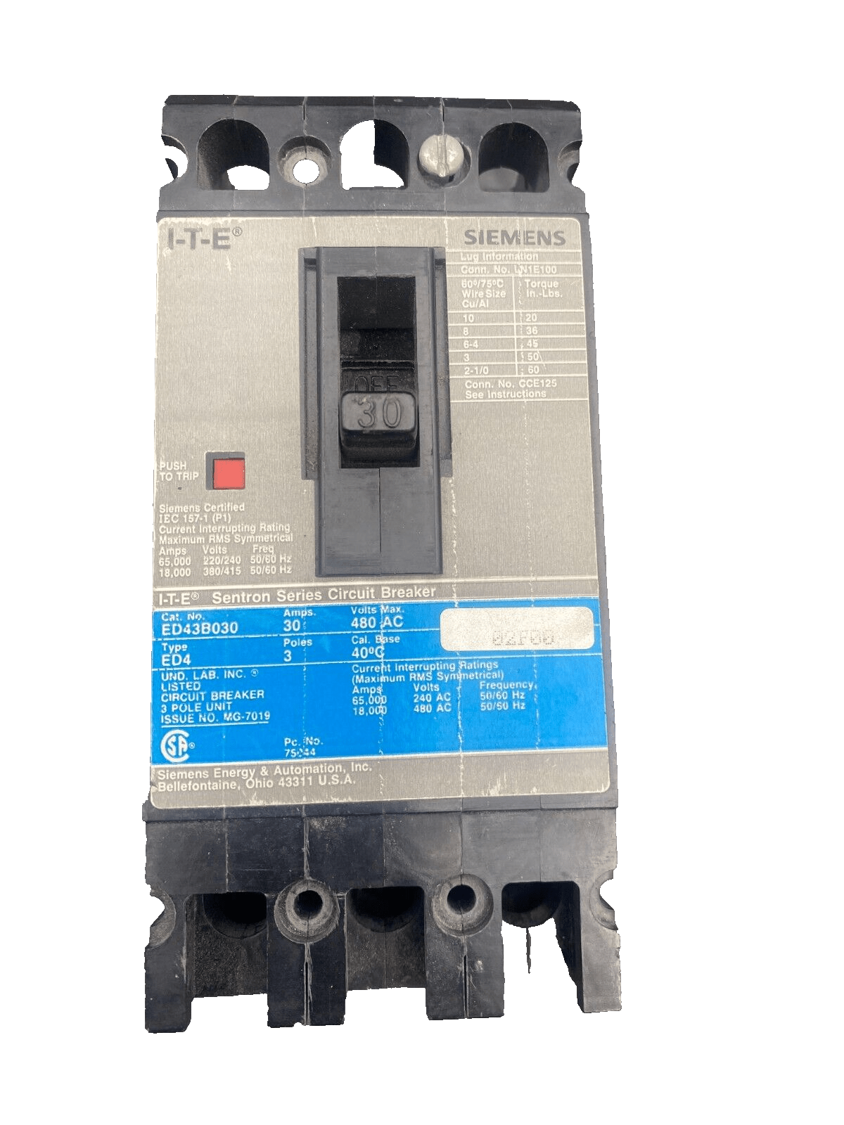 SIEMENS I - T - E ED2 ED23B060 SENTRON SERIES CIRCUIT BREAKER 60A 240VAC 3 POLES x1p - KLR Automation