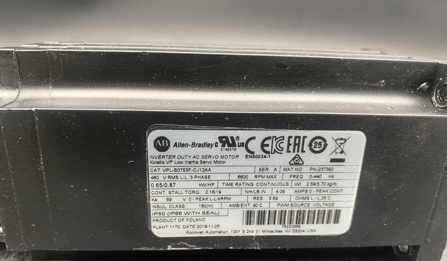 ALLEN BRADLEY VPL - B0753F - CJ12AA SERIE A 3 PHASE 5000 RPM AC SERVO MOTOR KINETIX - KLR Automation