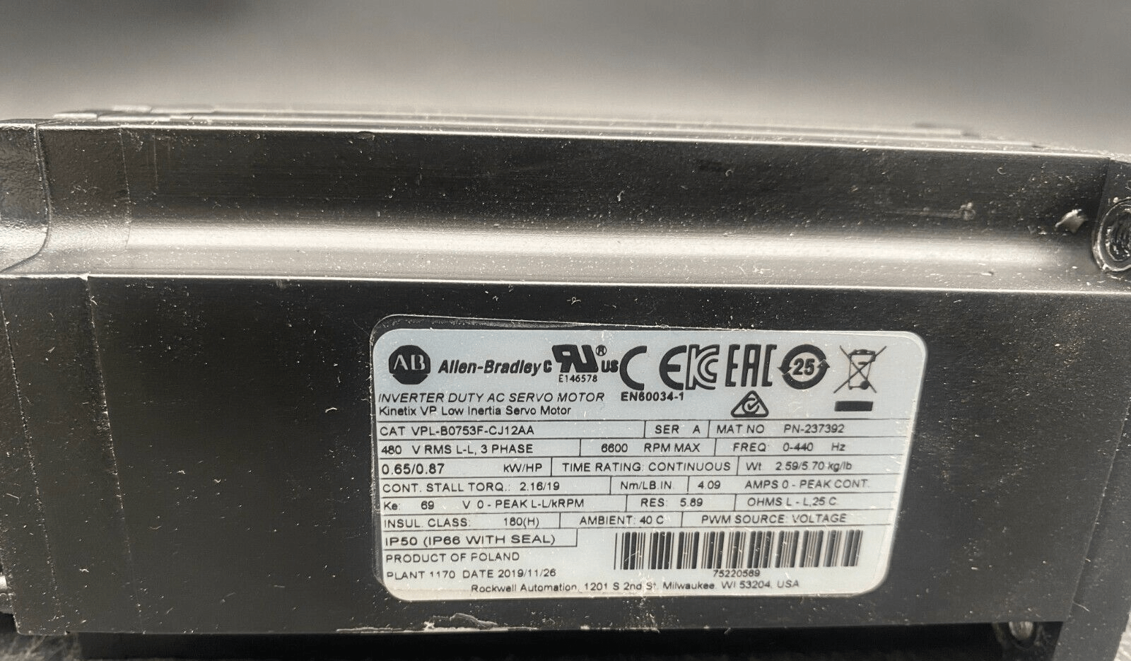 ALLEN BRADLEY VPL - B0753F - CJ12AA SERIE A 3 PHASE 5000 RPM AC SERVO MOTOR KINETIX - KLR Automation