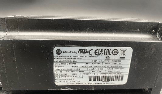 ALLEN BRADLEY VPL - B0753F - CJ12AA SERIE A 3 PHASE 5000 RPM AC SERVO MOTOR KINETIX - KLR Automation