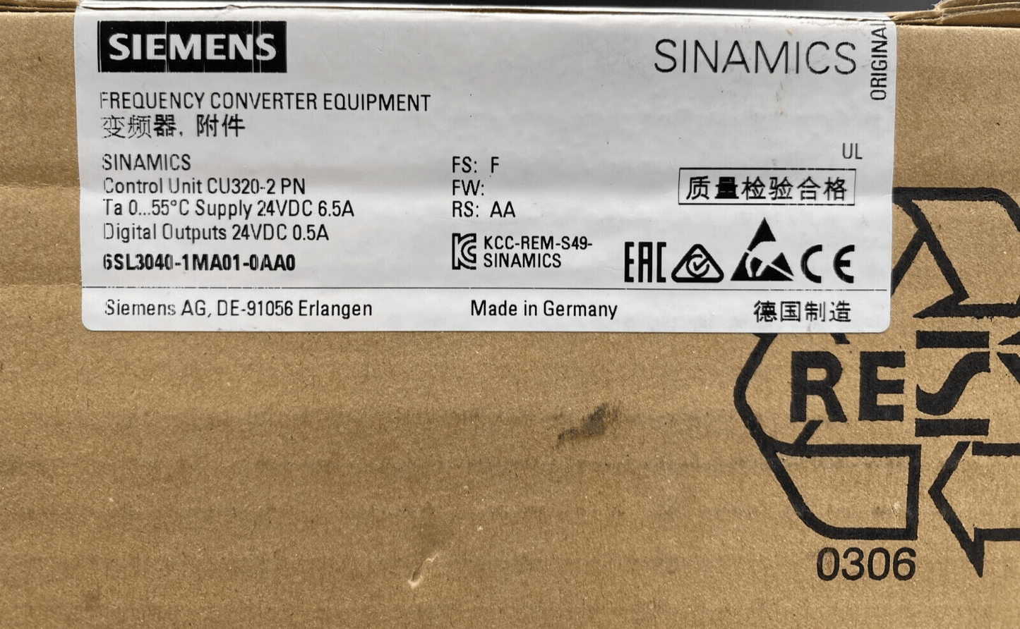 SIEMENS 6SL3040 - 1MA01 - 0AA0 SINAMICS CONTROL UNIT CU320 - 2 PN - KLR Automation