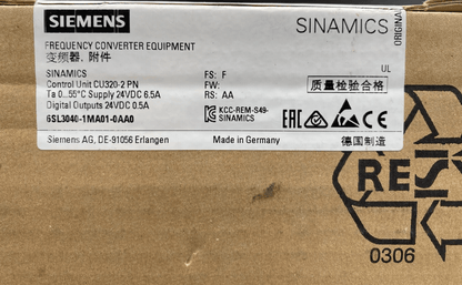 SIEMENS 6SL3040 - 1MA01 - 0AA0 SINAMICS CONTROL UNIT CU320 - 2 PN - KLR Automation