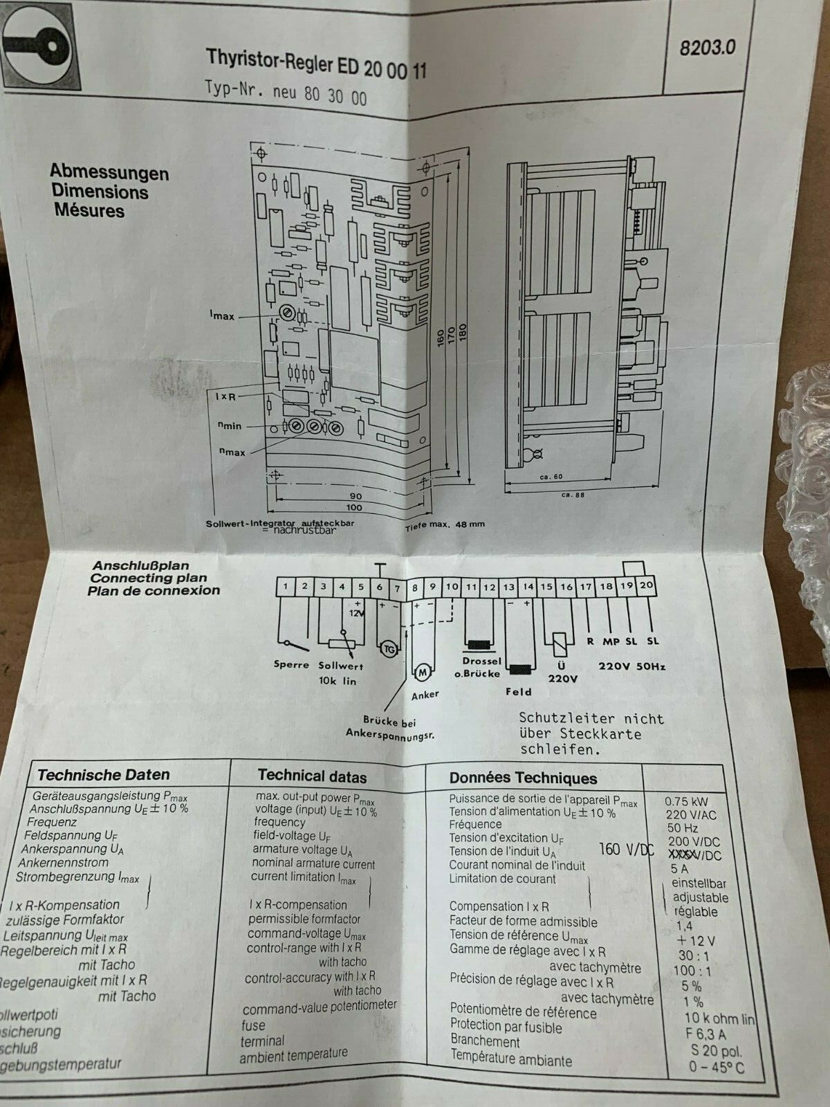 1 x Rossmanith Thyristor-Regler ED 20 00 11    80 30 00 .Thyristorregler New Old