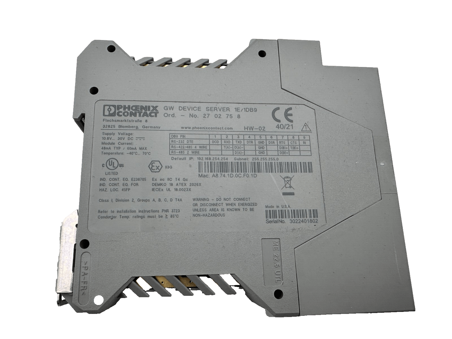 PHOENIX CONTACT 2702758 GW DEVICE SERVER 1E/1DB9 - KLR Automation