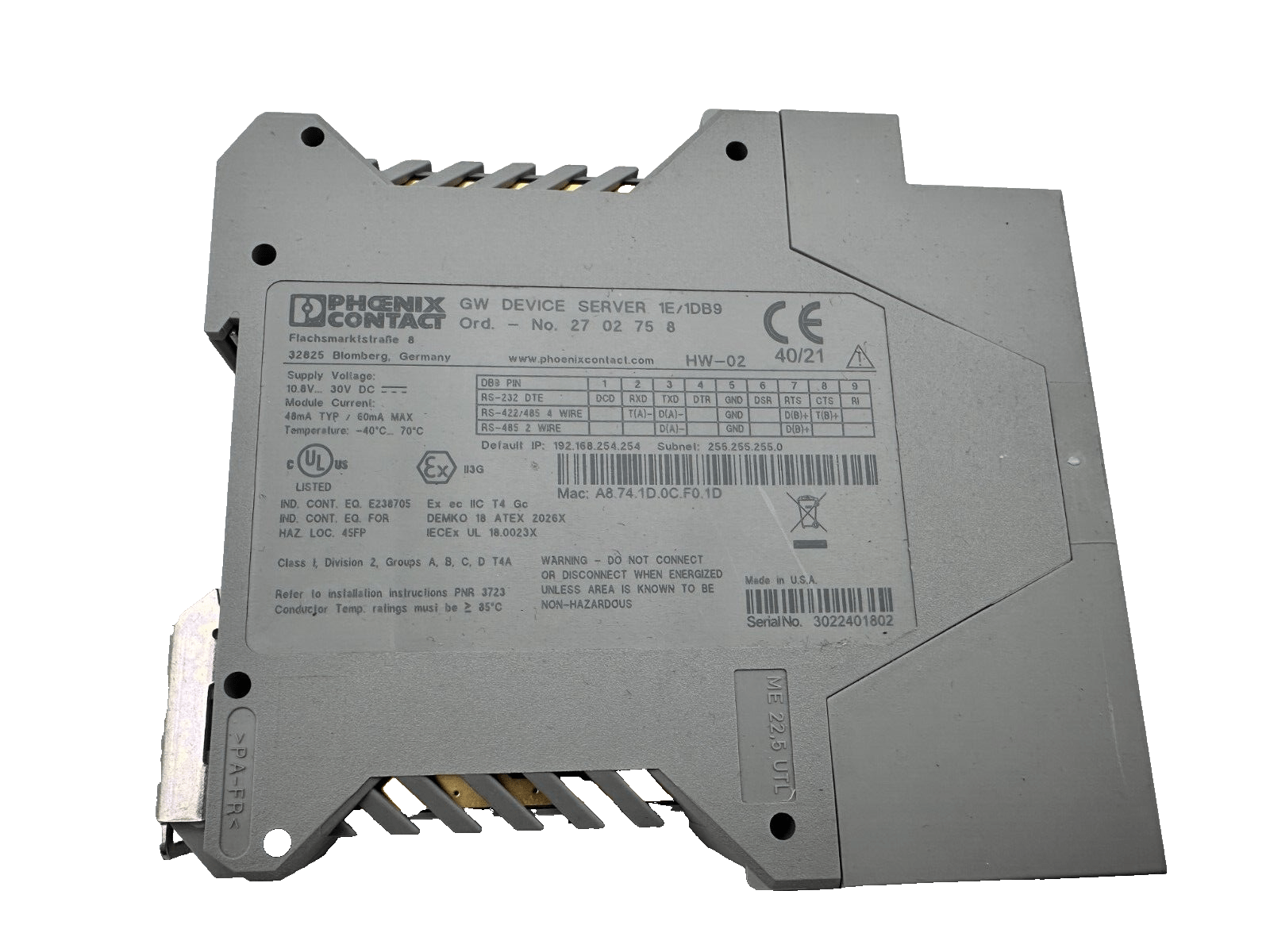 PHOENIX CONTACT 2702758 GW DEVICE SERVER 1E/1DB9 - KLR Automation