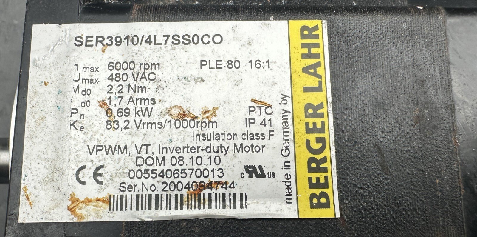 BERGER LAHR SER3910/4L7SS0CO 0.69kW 6000 RPM 480 VAC 2.2 Nm SERVO MOTOR - KLR Automation