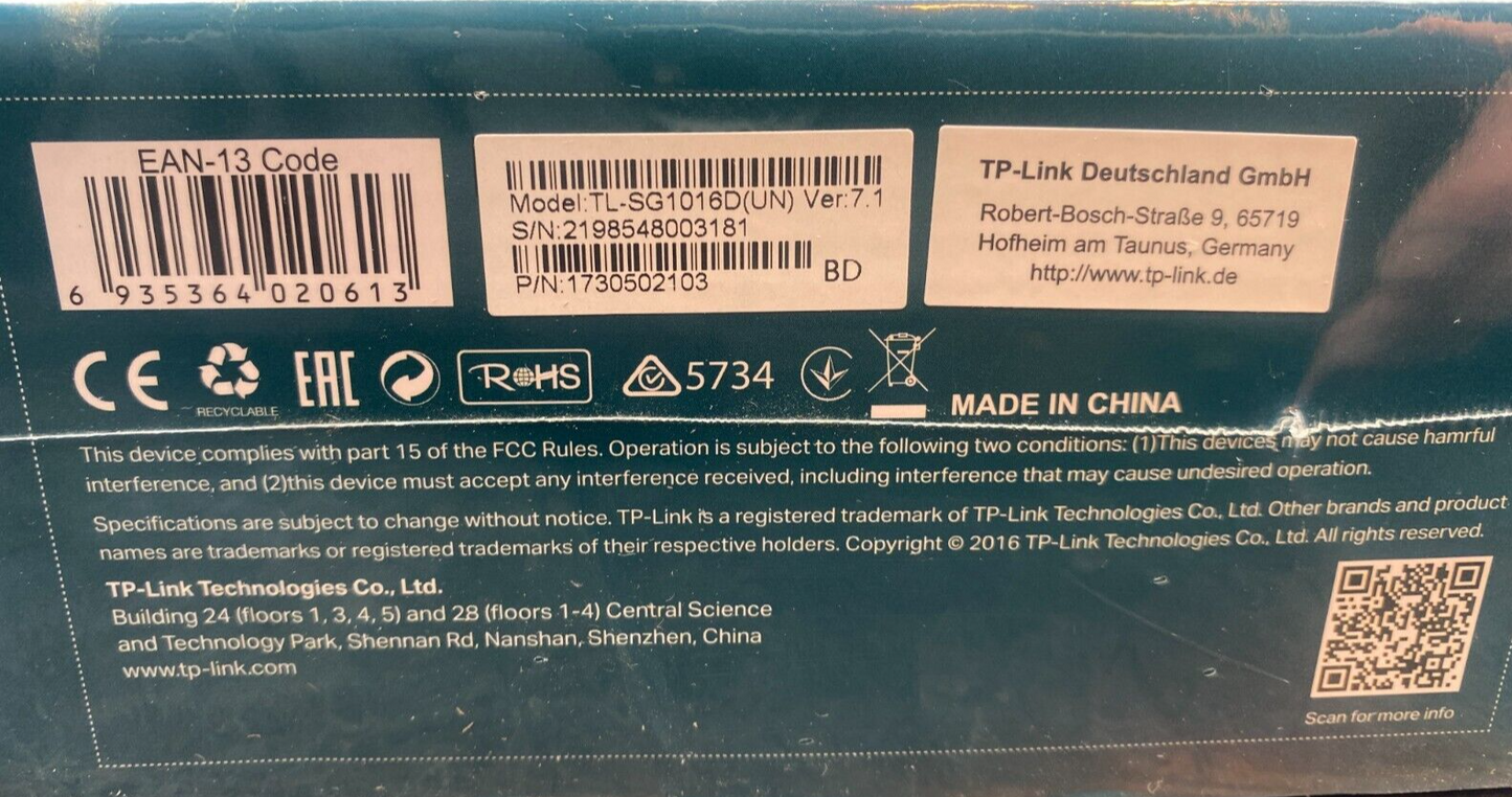TP-LINK TL-SG1016D 16-PORT VER 7.1 GIGABIT DESKTOP/RACKMOUNT SWITCH