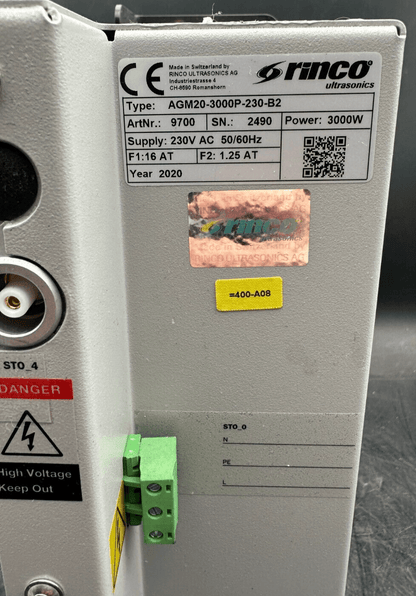 RINCO AGM20 - 3000P - 230 - B2 9700 3000W 230V AC F1 16AT/F2 1.25AT ETAT NEUF - KLR Automation