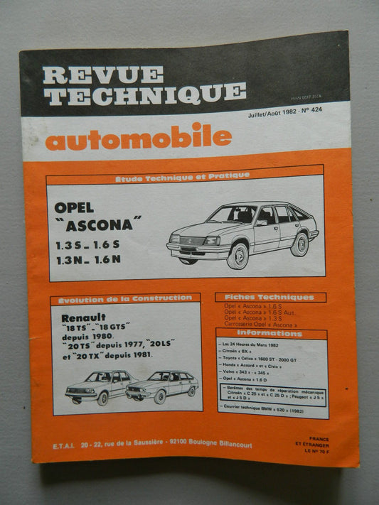 RTA revue technique automobile etat comme neuf n 424 OPEL Ascona - KLR Automation
