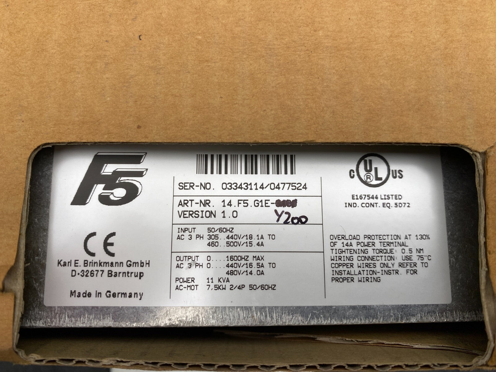 KEB F5 COMBIVERT 14.F5.G1E-Y200 VERSION 1.0 50/60Hz 3PH