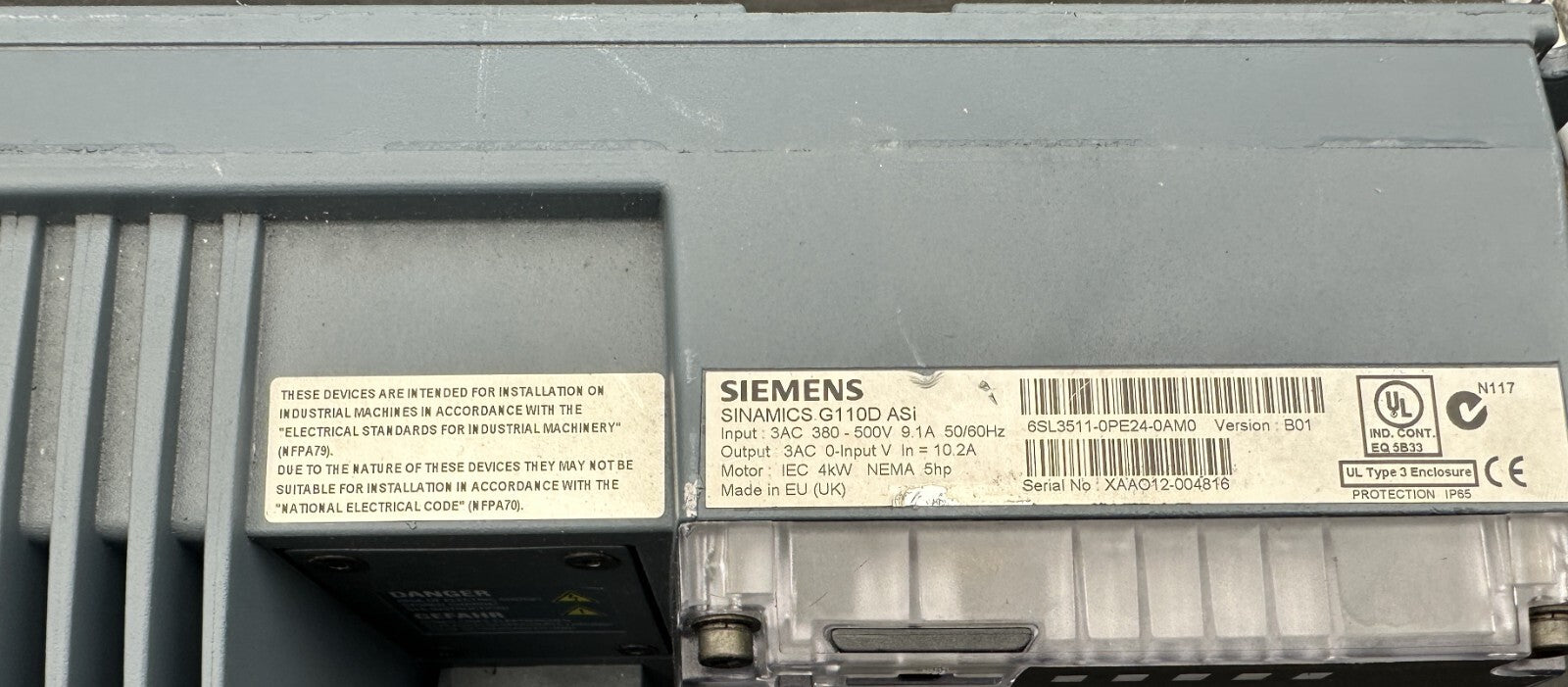 SIEMENS 6SL3511 - 0PE24 - 0AM0 SINAMICS G110D ASI VERSION B01 - KLR Automation