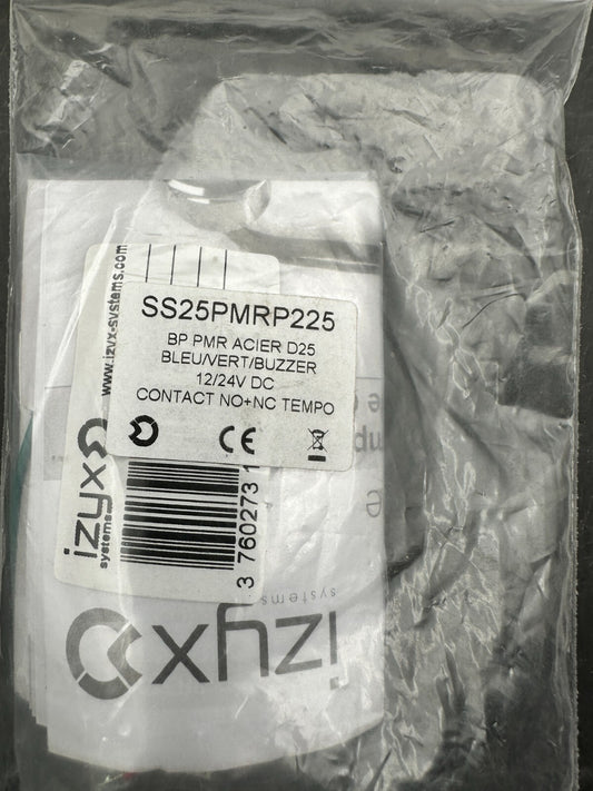 SS25PMRP225 BP PMR ACIER D25 BLEUVERT/BUZZER 12/24V DC CONTACT NO+NC TEMPO