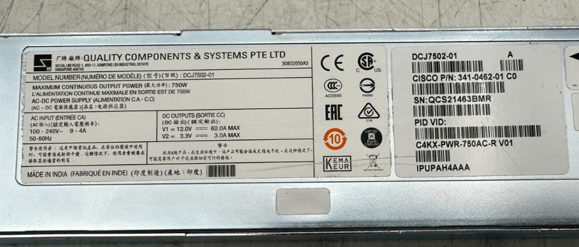 CISCO DCJ7502 - 01 341 - 0462 - 01 C0 C4KX - PWR - 750AC - R V01 IPUPAH4AAA - KLR Automation