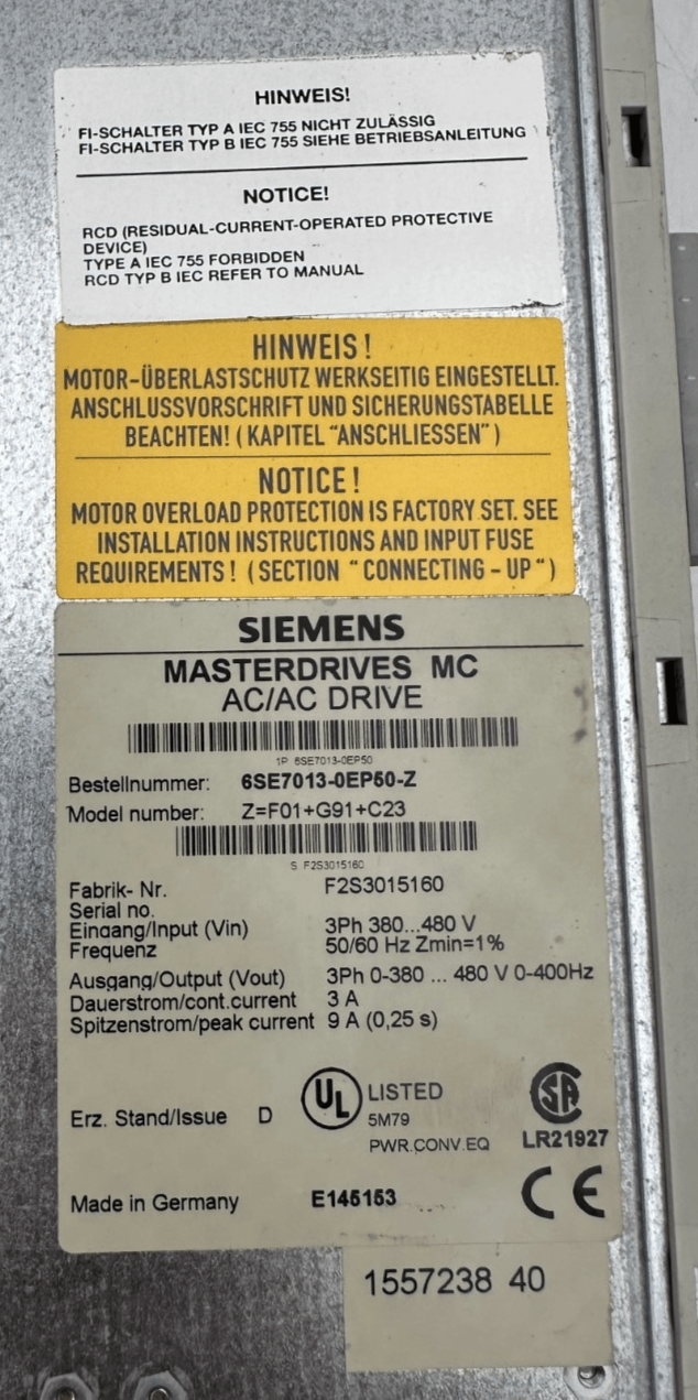 SIEMENS 6SE7013 - 0EP50 - Z MASTERDRIVES MC AC/AC DRIVE - KLR Automation