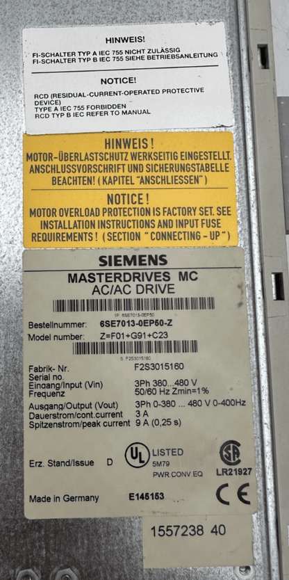 SIEMENS 6SE7013 - 0EP50 - Z MASTERDRIVES MC AC/AC DRIVE - KLR Automation