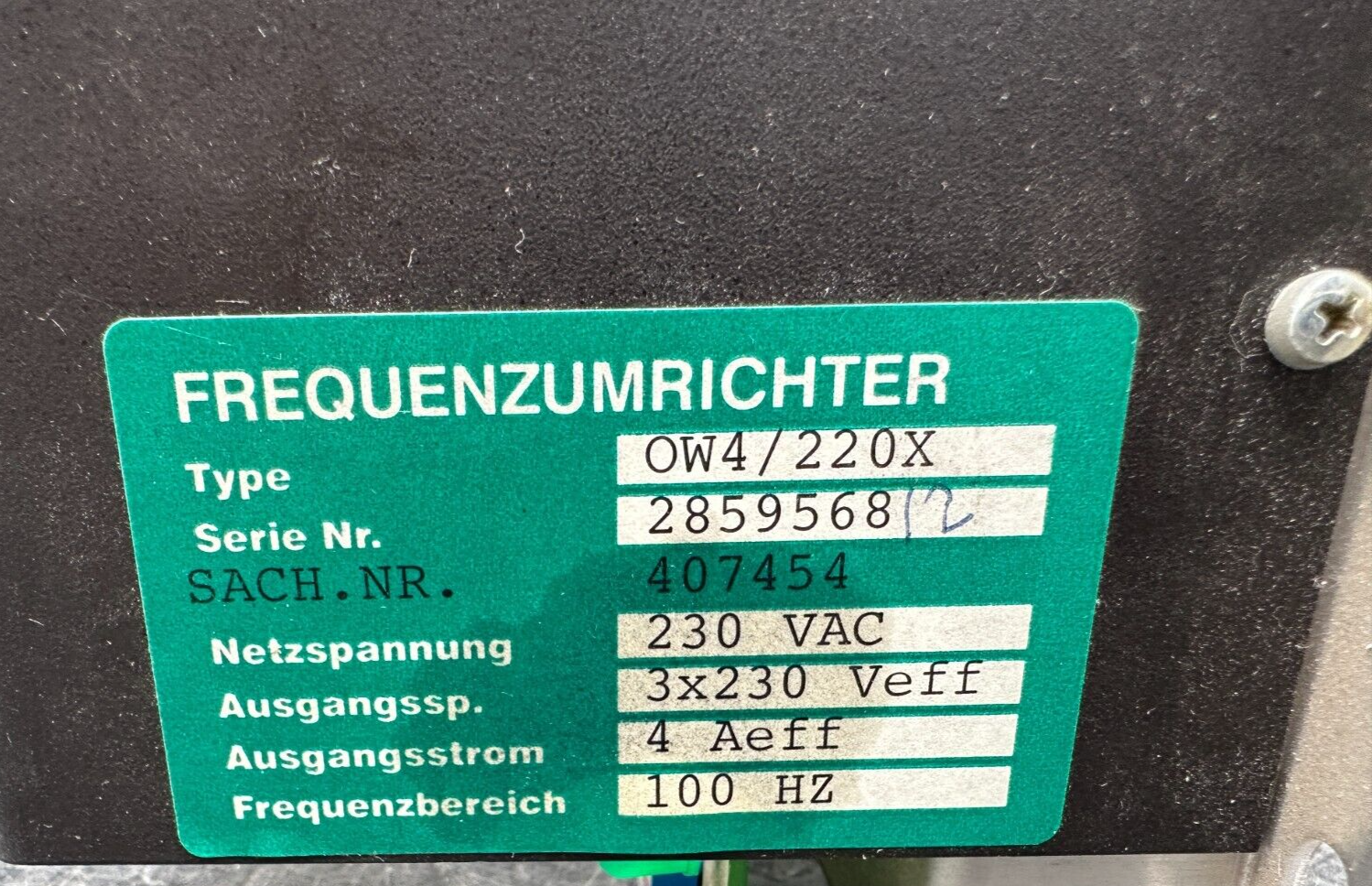 FLENDER SIEMENS OW4/220X 230 VAC 3x230 VEFF 4AEFF 100Hz DRIVER FREQUENCY INVERTE