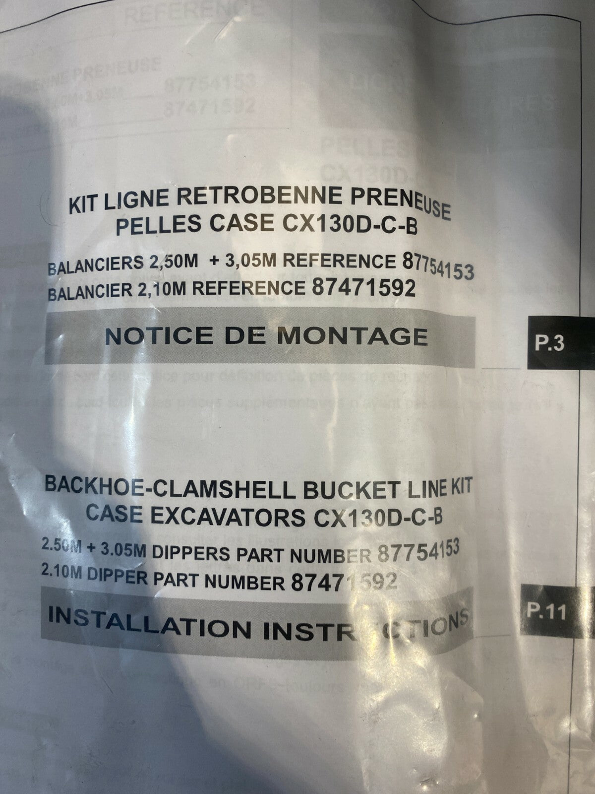 1pc x KIT RETROBENNE BAL2,5M+3,0M CX130D PELLE CASE CX130 D - C - B 87754153 - KLR Automation