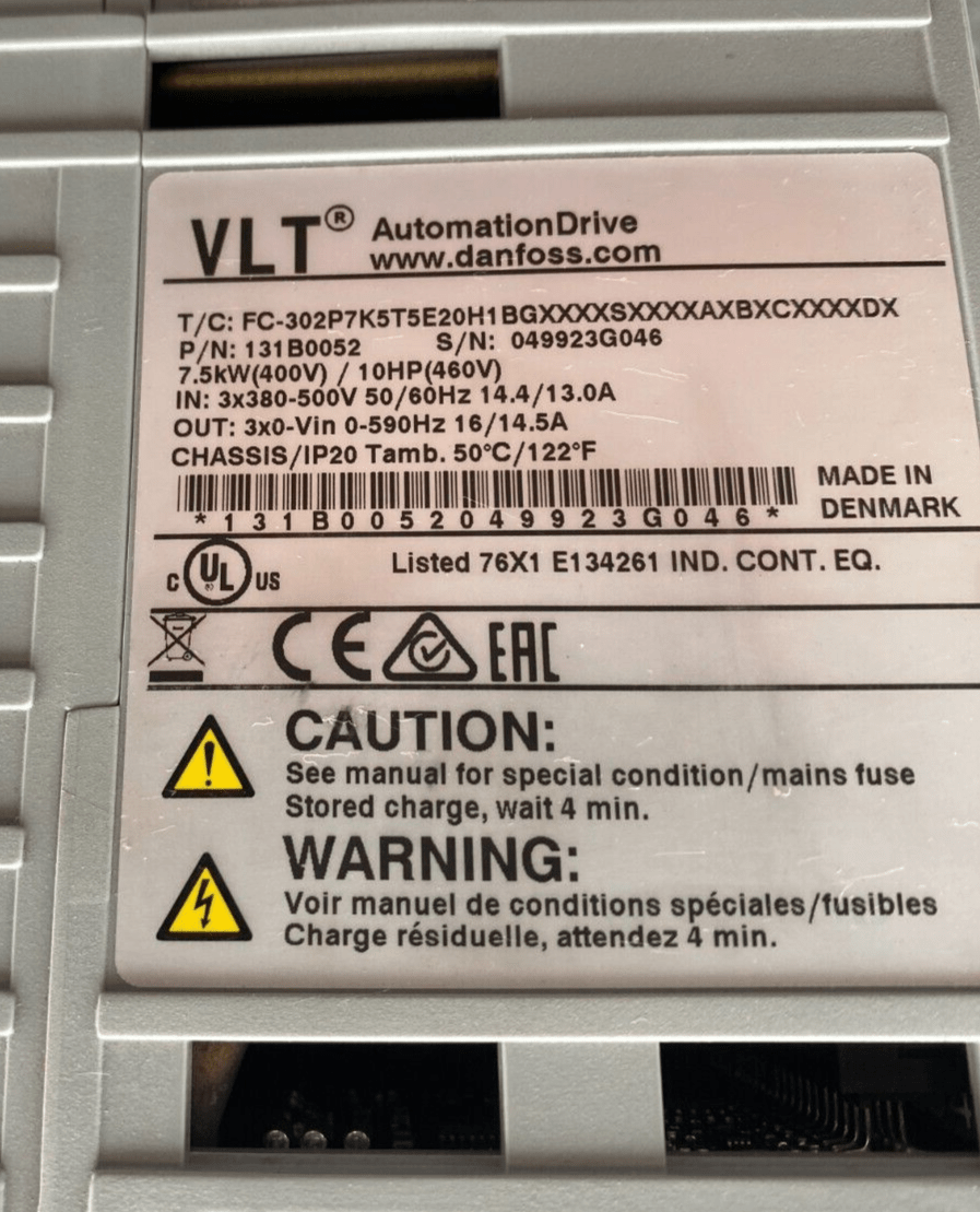DANFOSS 131B0052 VLT AUTOMATIONDRIVE FC - 302P7K5T5E20H1BGXXXXSXXXXAXBXCXXXXDX 7.5 - KLR Automation