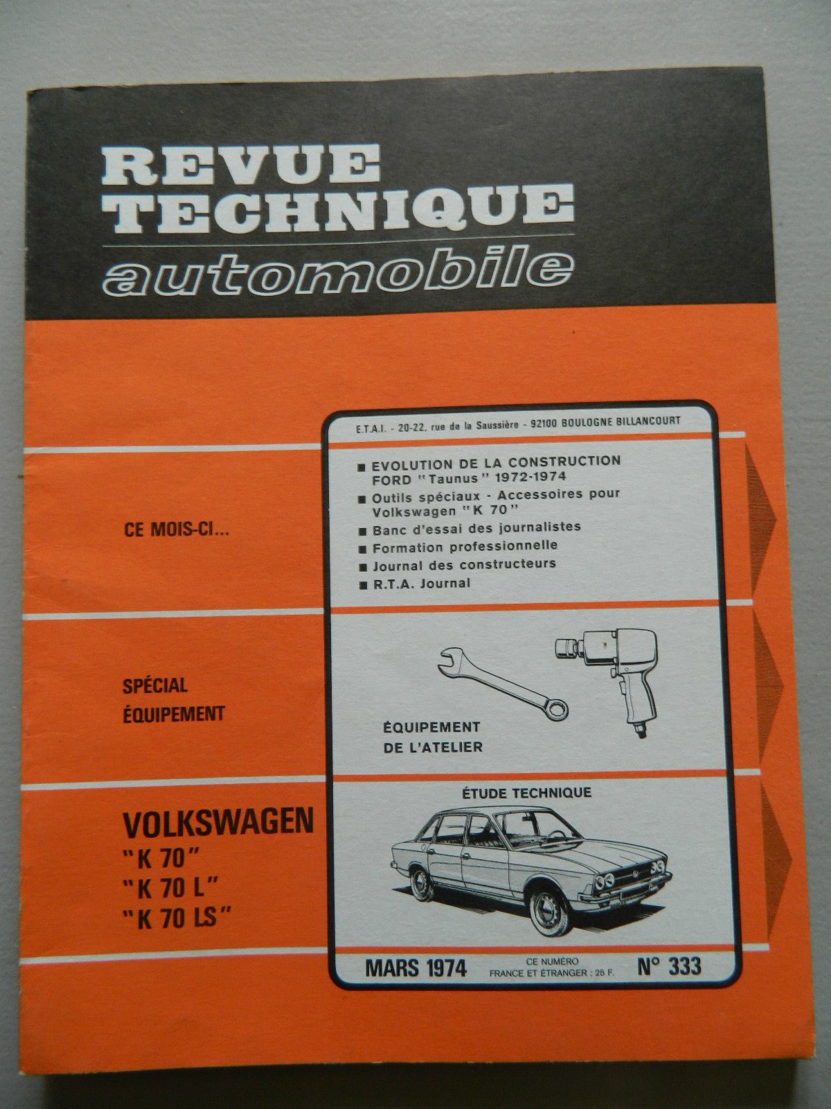 RTA revue technique automobile comme neuf n 333 VW K 70 - K 70 L - K 70 LS - KLR Automation