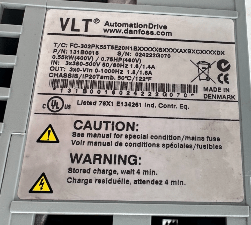 DANFOSS VLT 131B0016 FC - 302PK55T5E20H1BXXXXXSXXXXAXBXCXXXXDX 0.55kW + 130B1107 - KLR Automation
