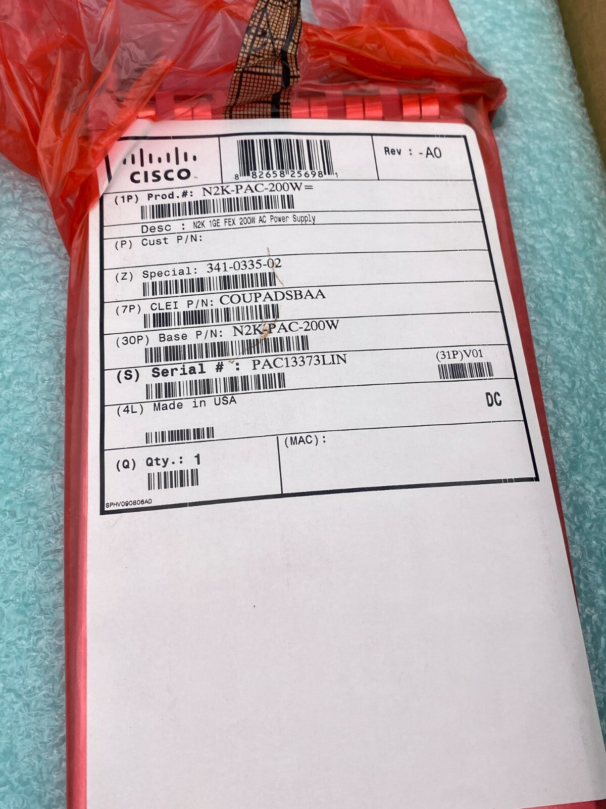 N2K-PAC-200W Cisco N2K-C2148 Series FEX 200W AC Power Supply NOB.