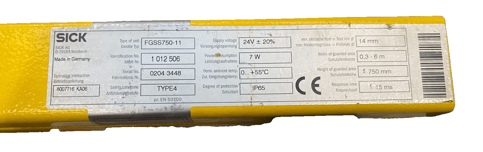 SICK 14 - FGS FGSS750 - 11 1012506 BARRIERE IMMATERIELLE DE SECURITE EMETTEUR - KLR Automation