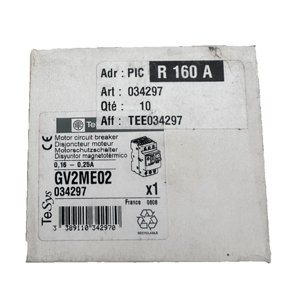 TELEMECANIQUE GV2ME02 034297 0.16 - 0.25A DISJONCTEUR MOTEUR x2pc - KLR Automation
