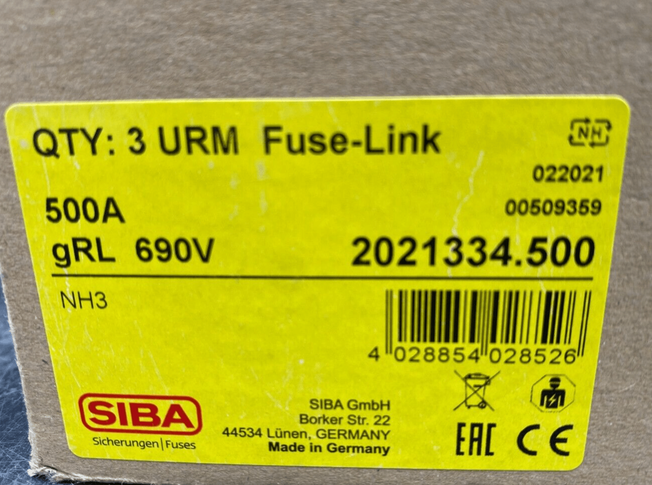 SIBA NH3 2021334 FUSE - LINK 500A GRL 690V x3pc - KLR Automation
