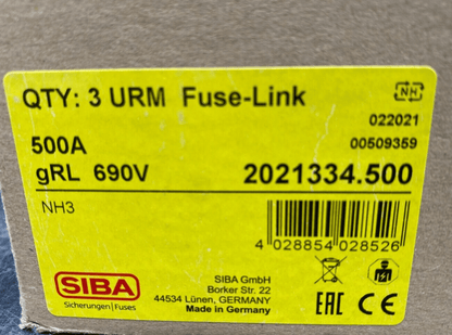 SIBA NH3 2021334 FUSE - LINK 500A GRL 690V x3pc - KLR Automation