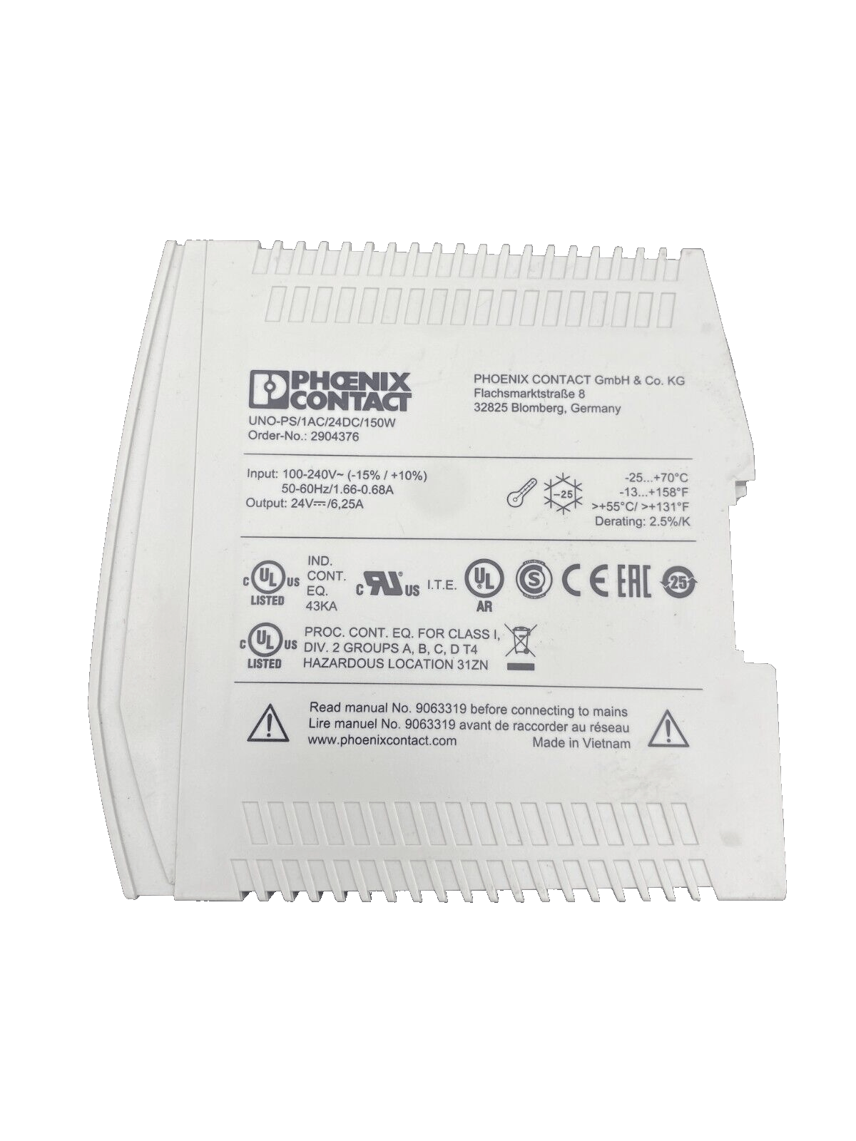 PHOENIX CONTACT UNO POWER 2904376 UNO - PS/1AC/24DC/150W - KLR Automation