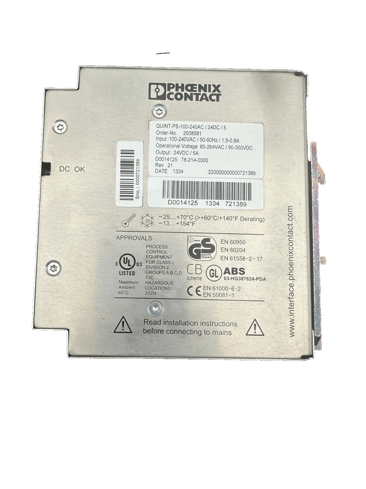 PHOENIX CONTACT 2938581 QUINT - PS - 100 - 240AC/24DC/5 - KLR Automation