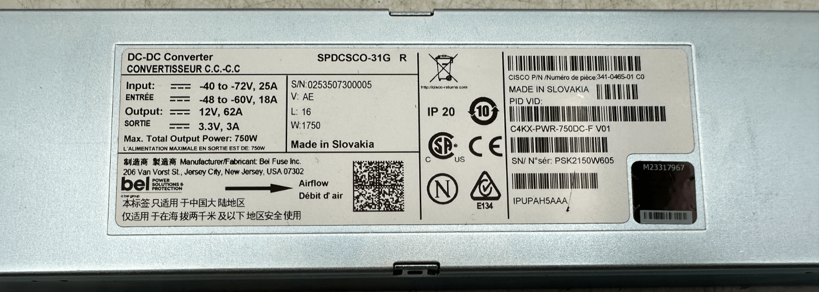 CISCO BEI SPDCSCO - 31G R C4KX - PWR - 750DC - F V01 IPUPAH5AAA DC - DC CONVERTER - KLR Automation