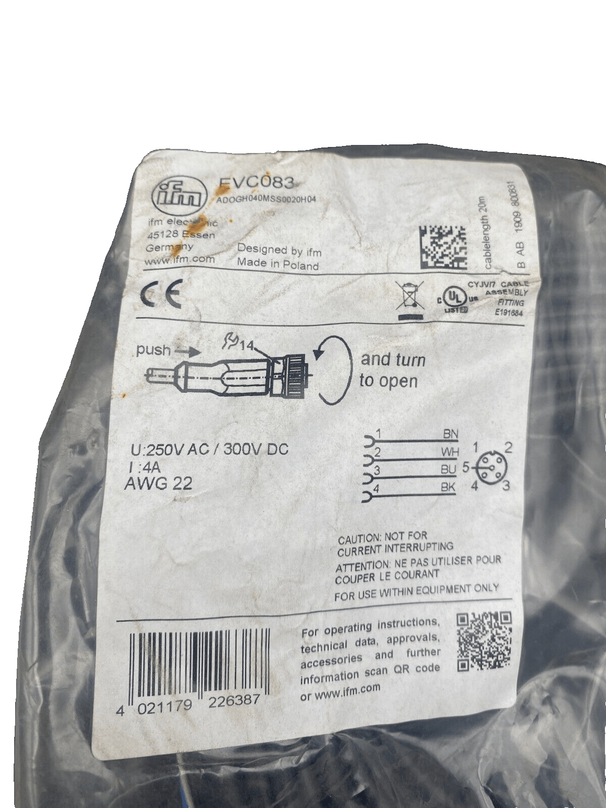 IFM EVC083 250VAC 4A CABLE AVEC PRISE FEMELLE - KLR Automation