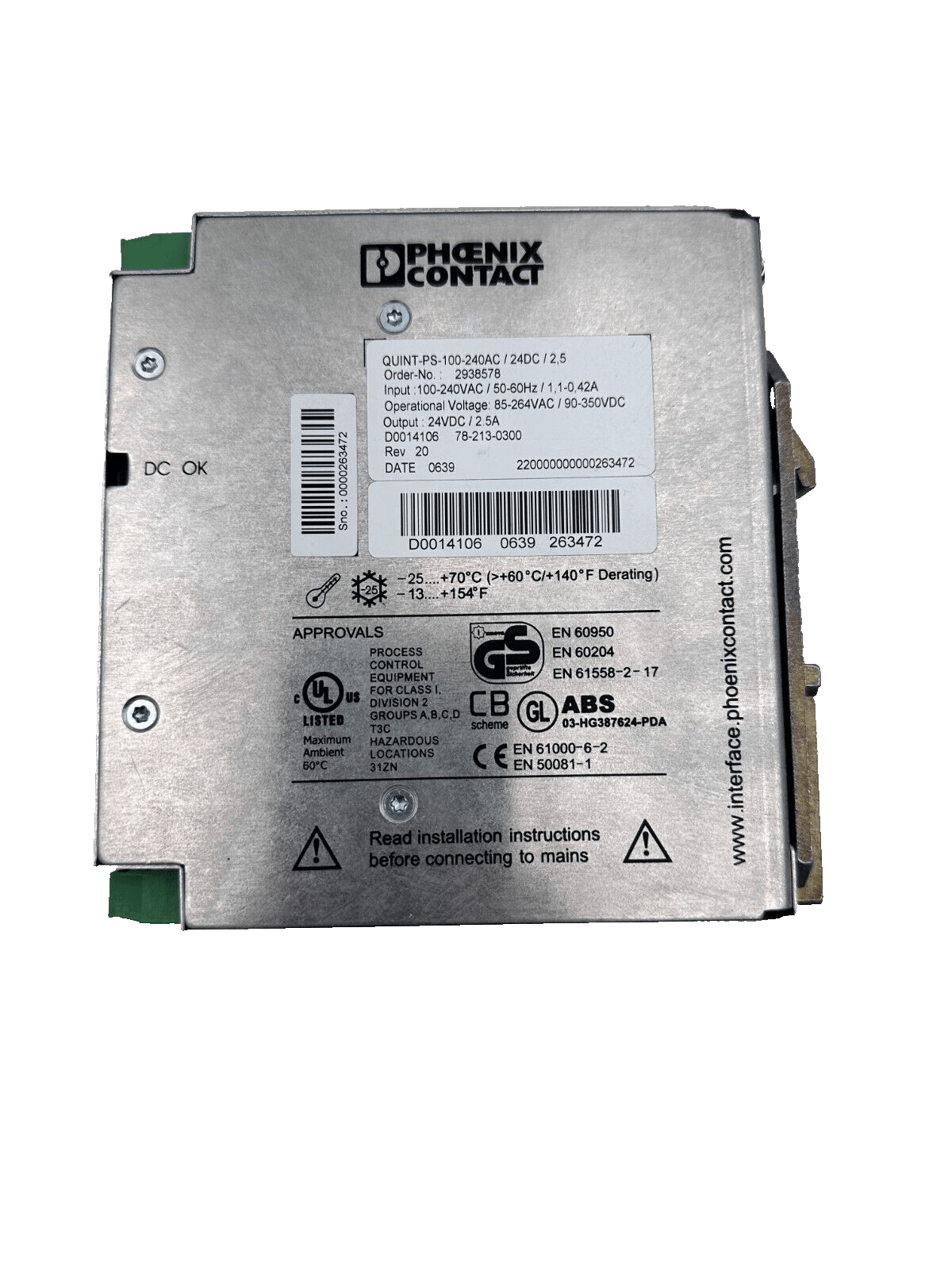 PHOENIX CONTACT 2938578 QUINT - PS - 100 - 240AC 24DC 2.5 QUINT POWER - KLR Automation