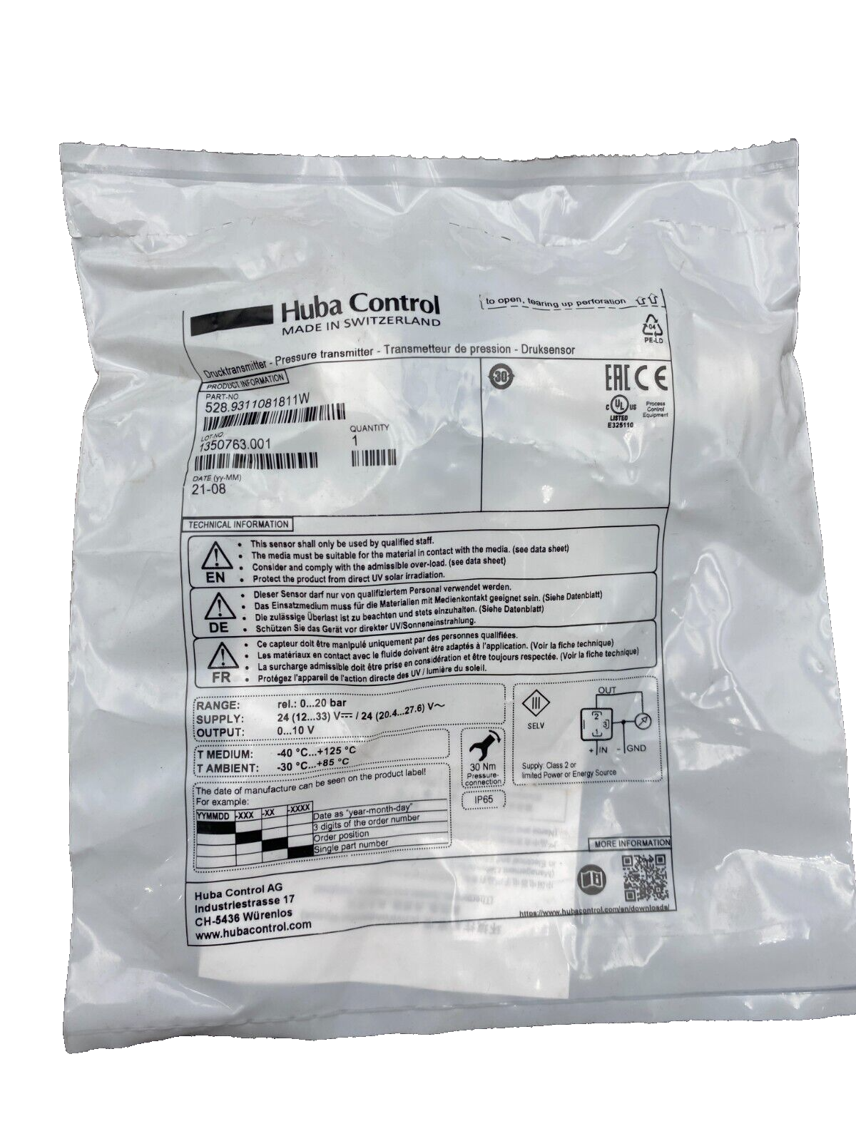 1pc x HUBA CONTROL 528.9311081811W TRANSMETTEUR DE PRESSION