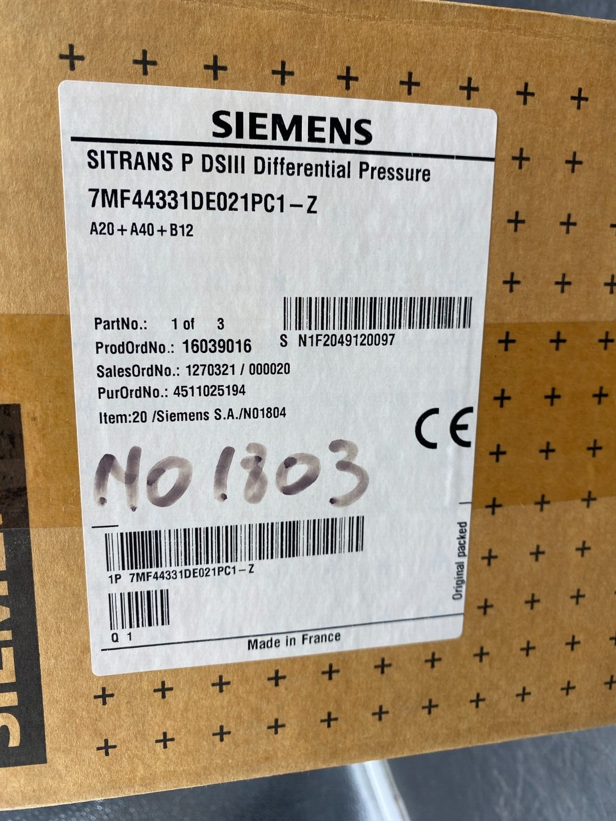 SIEMENS SITRANS P DSIII DIFFERENTIAL PRESSURE 7MF44331DE021PC1-Z 7MF4433