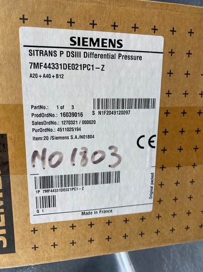 SIEMENS SITRANS P DSIII DIFFERENTIAL PRESSURE 7MF44331DE021PC1-Z 7MF4433