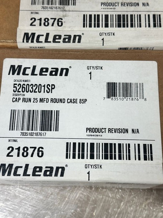 1pc x MC LEAN CAPACITOR RUN 25 MFD ROUND CASE 85 P/52603201SP/21876 - KLR Automation
