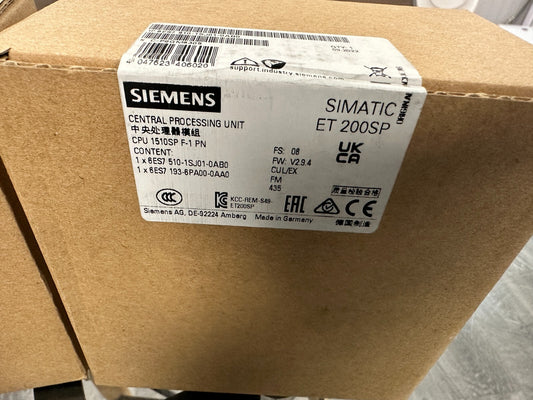 SIEMENS Processing Unit CPU 1510SP F - 1 6ES7510 - 1SJ01 - 0AB0 6ES7193 - 6PA00 - 0AA0 NEW - KLR Automation